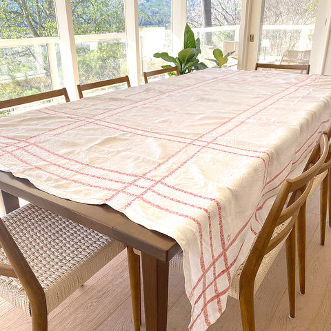 Antique Red Striped Damask Tablecloth / JB Monogram